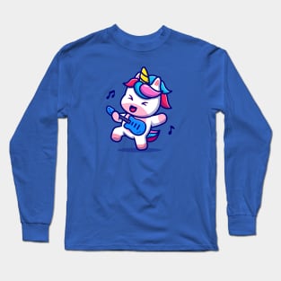 Cute Unicorn Playing Guitar Cartoon Long Sleeve T-Shirt